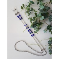 بند عینک با سنگ کریستال  آبی  کاربنی و زنجیر استیل نقره ای