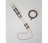بند عینک بنفش با سنگ عقیق  و زنجیر استیل توپی طلایی و دستبند (کشی)