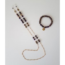 بند عینک بنفش با سنگ عقیق  و زنجیر استیل توپی طلایی و دستبند (کشی)